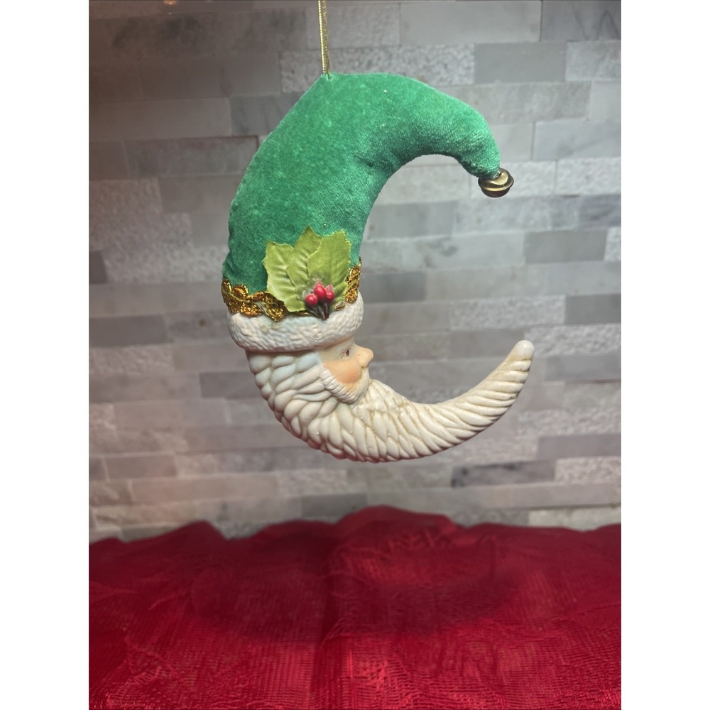 Vintage Ceramic Santa Head in Half Moon Christmas Ornament Velvet Hat